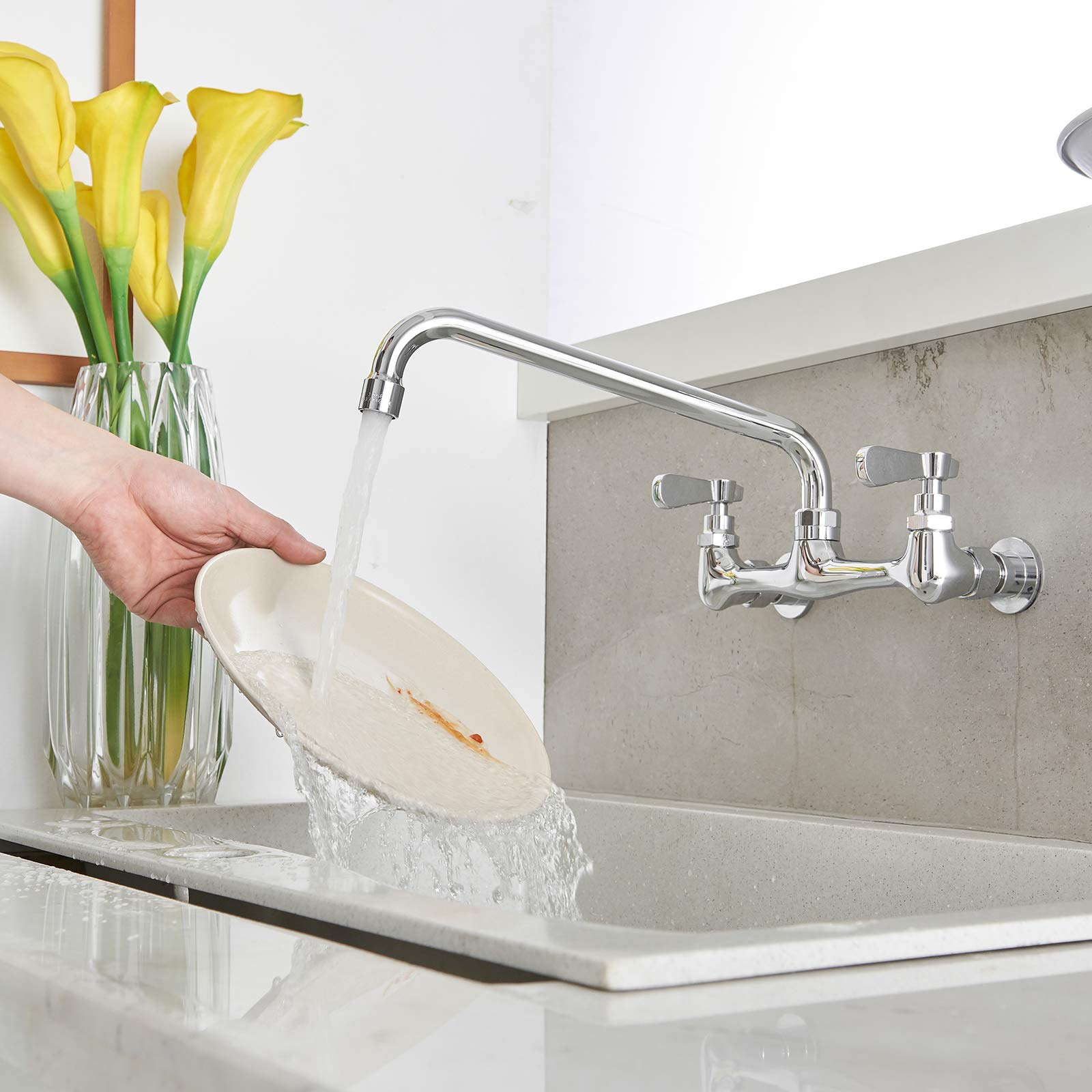 Kitchen Faucet Wall Mount With 12 Inch Swivel Spout 8'' Center Commercial Sink 2-Handle No Lead Faucet Mixer Tap Polish Chrome